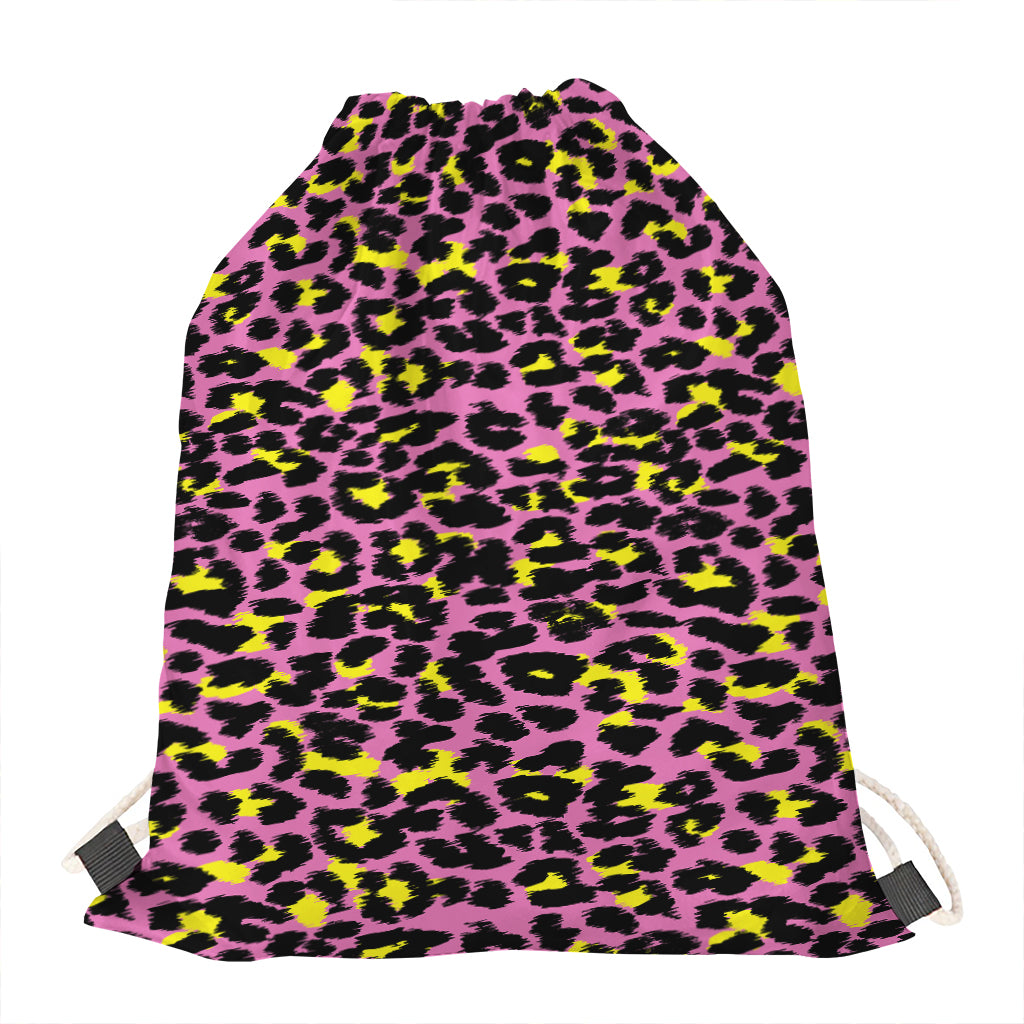 Pink And Yellow Leopard Print Drawstring Bag