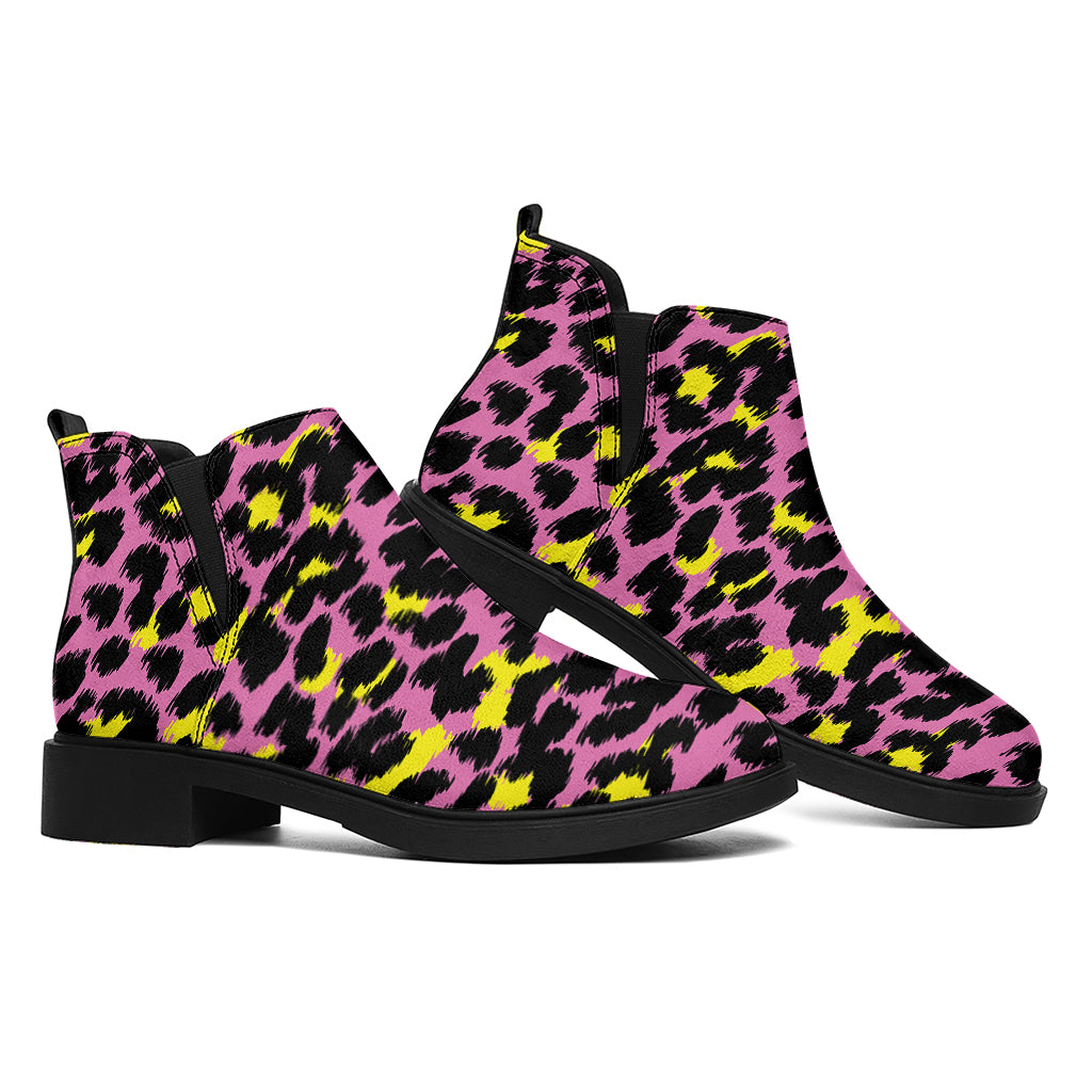 Pink And Yellow Leopard Print Flat Ankle Boots