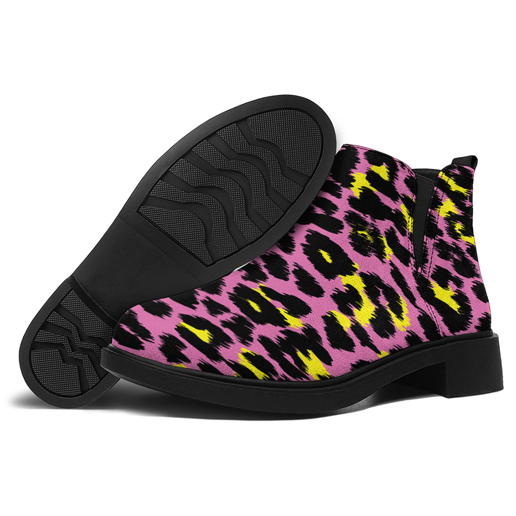 Pink And Yellow Leopard Print Flat Ankle Boots