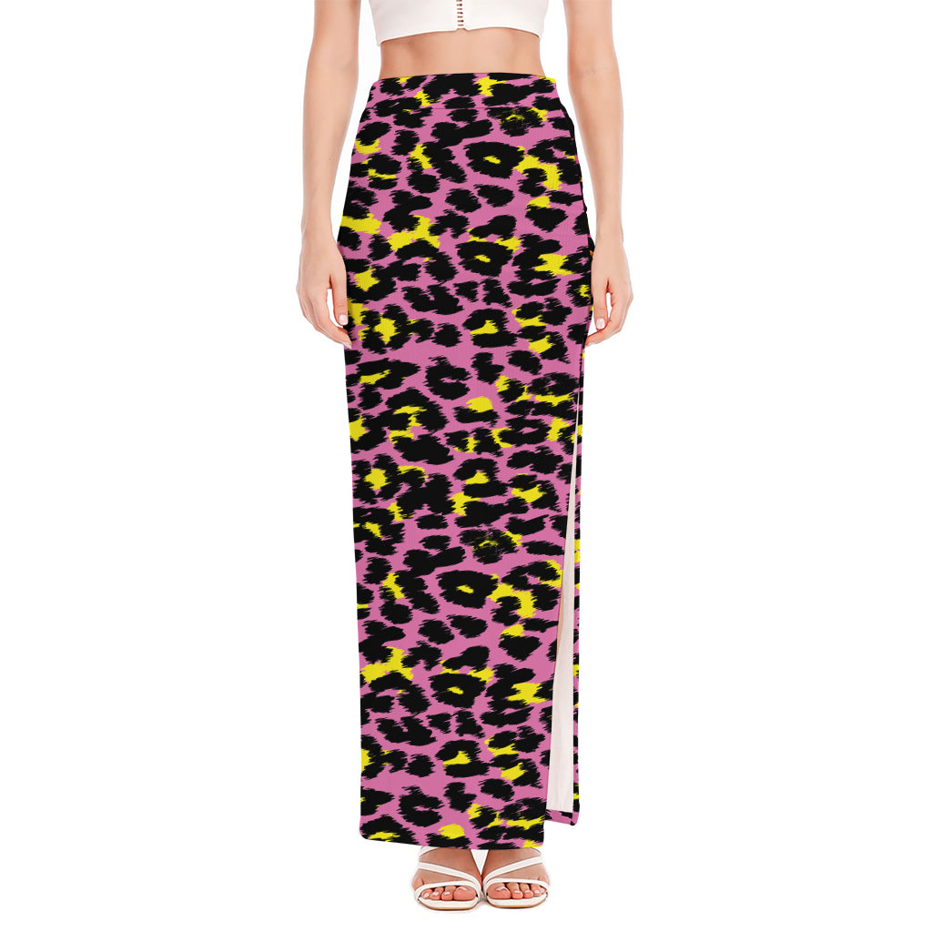 Pink And Yellow Leopard Print High Slit Maxi Skirt