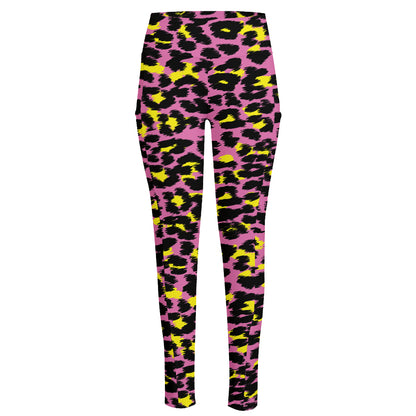 Pink And Yellow Leopard Print High-Waisted Pocket Leggings