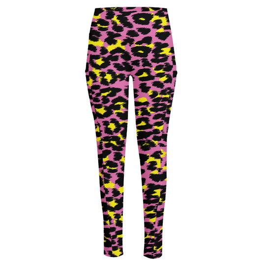Pink And Yellow Leopard Print High-Waisted Pocket Leggings