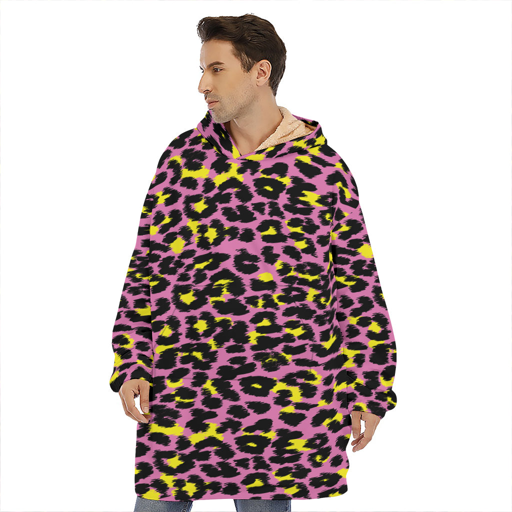 Pink And Yellow Leopard Print Hoodie Blanket