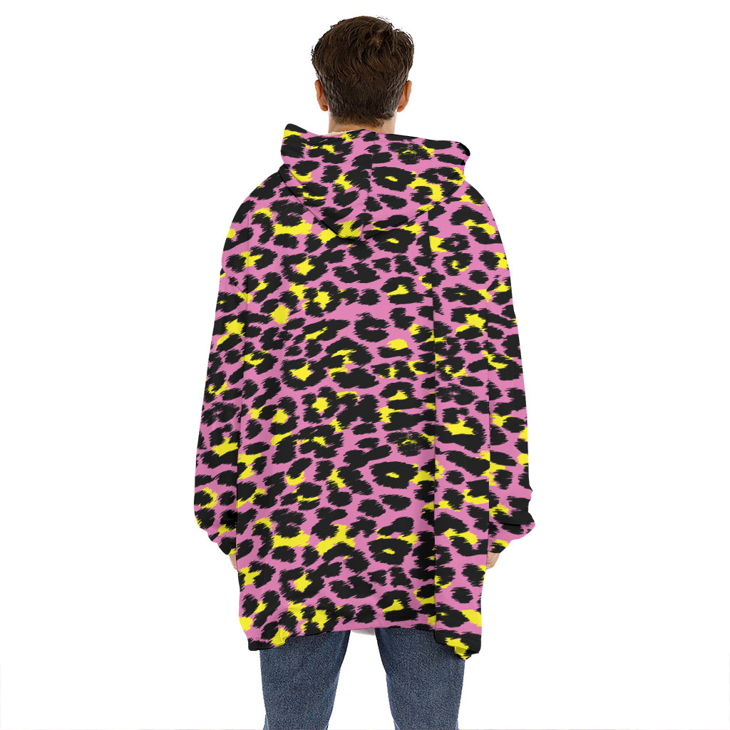 Pink And Yellow Leopard Print Hoodie Blanket