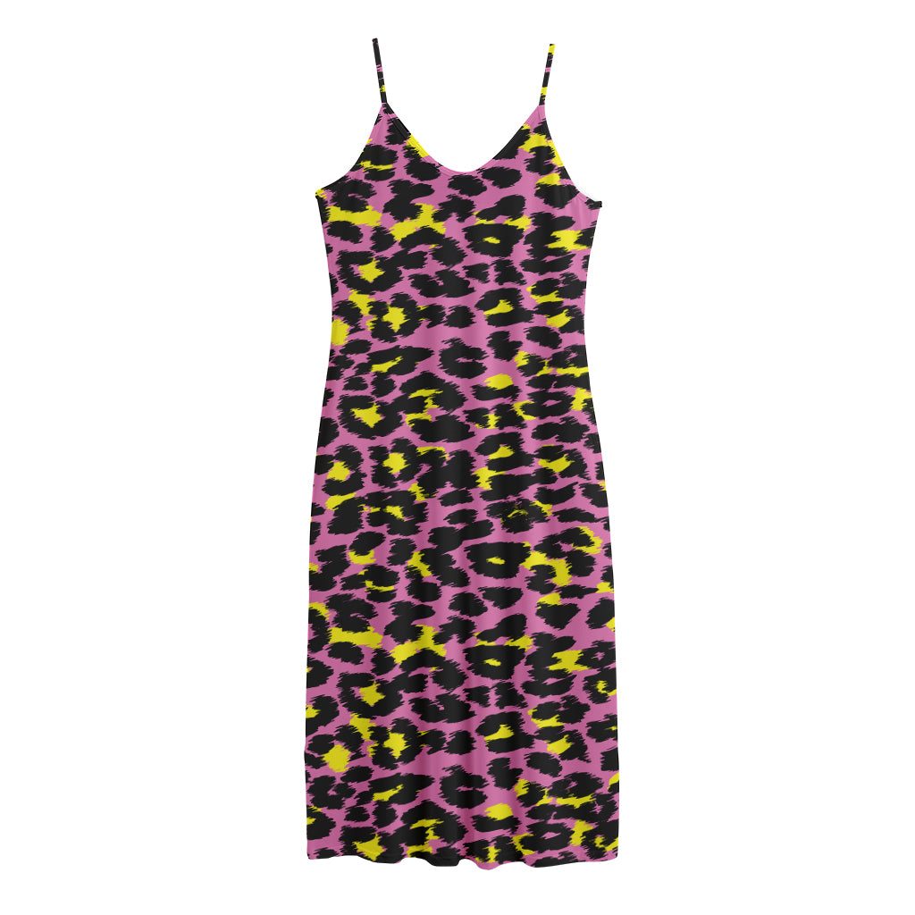 Pink And Yellow Leopard Print Jersey Midi Cami Dress