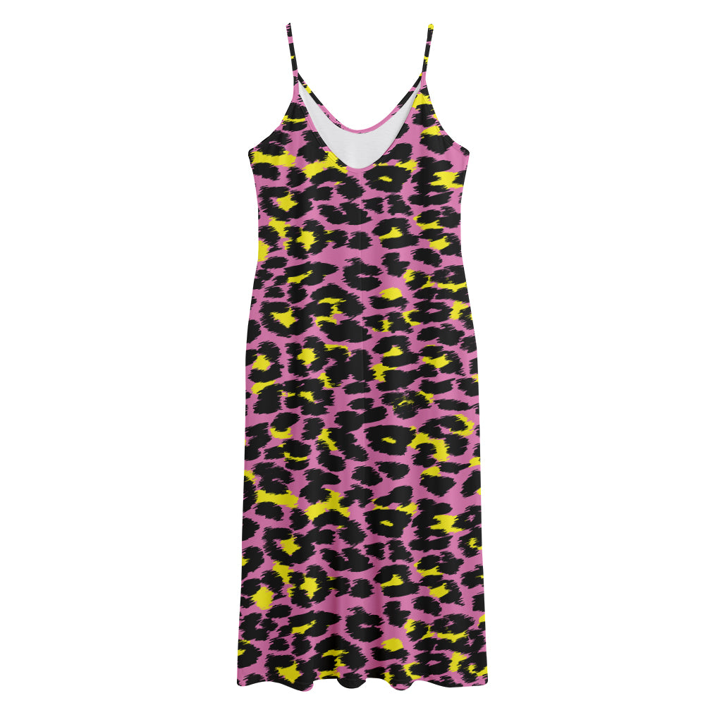 Pink And Yellow Leopard Print Jersey Midi Cami Dress