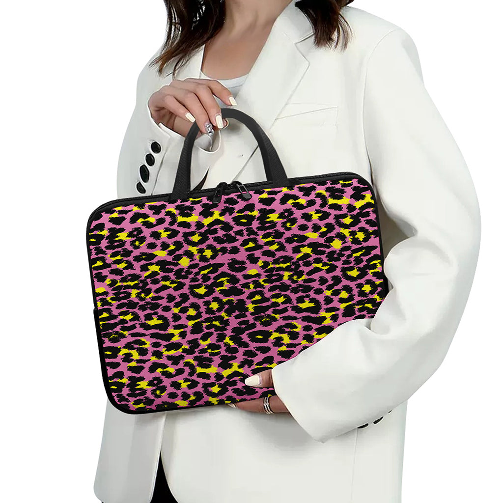 Pink And Yellow Leopard Print Laptop Sleeve With Handle
