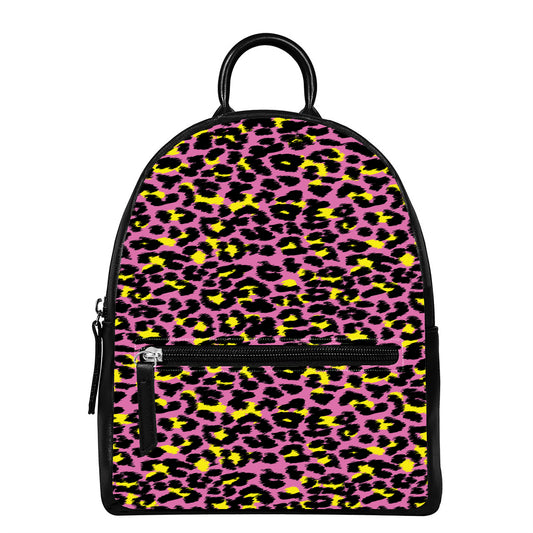 Pink And Yellow Leopard Print Leather Backpack