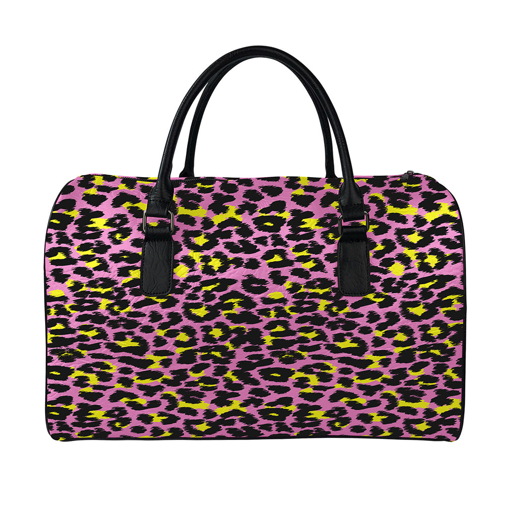 Pink And Yellow Leopard Print Leather Duffle Bag