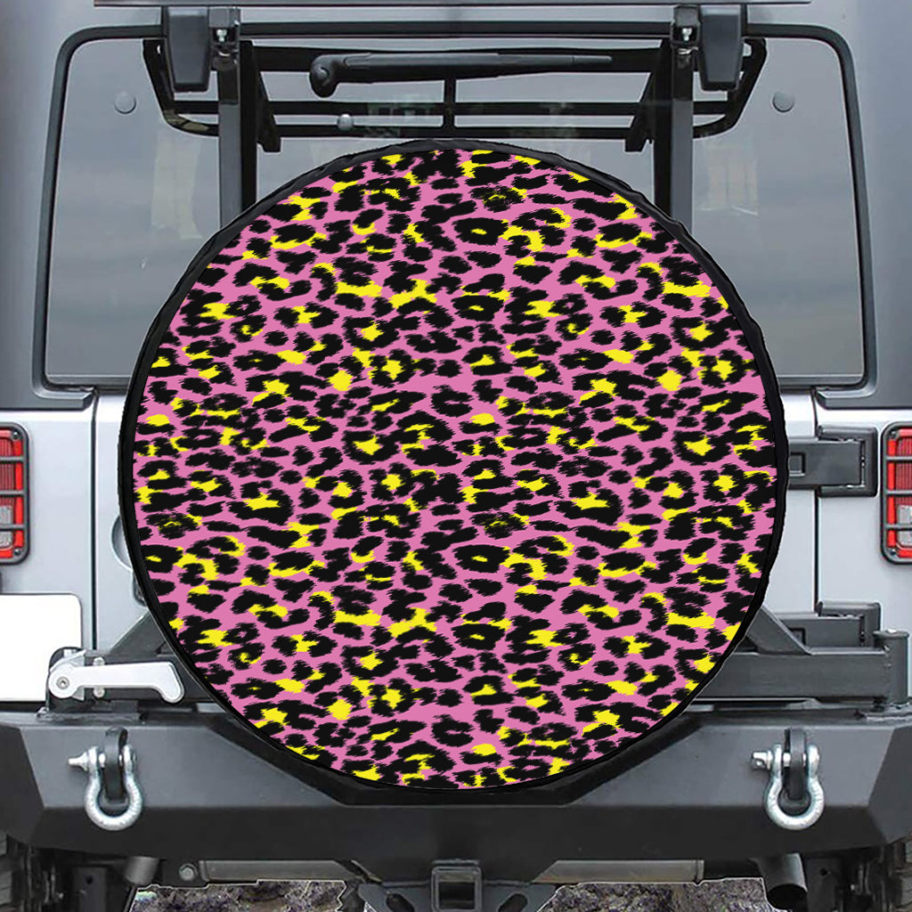 Pink And Yellow Leopard Print Leather Spare Tire Cover