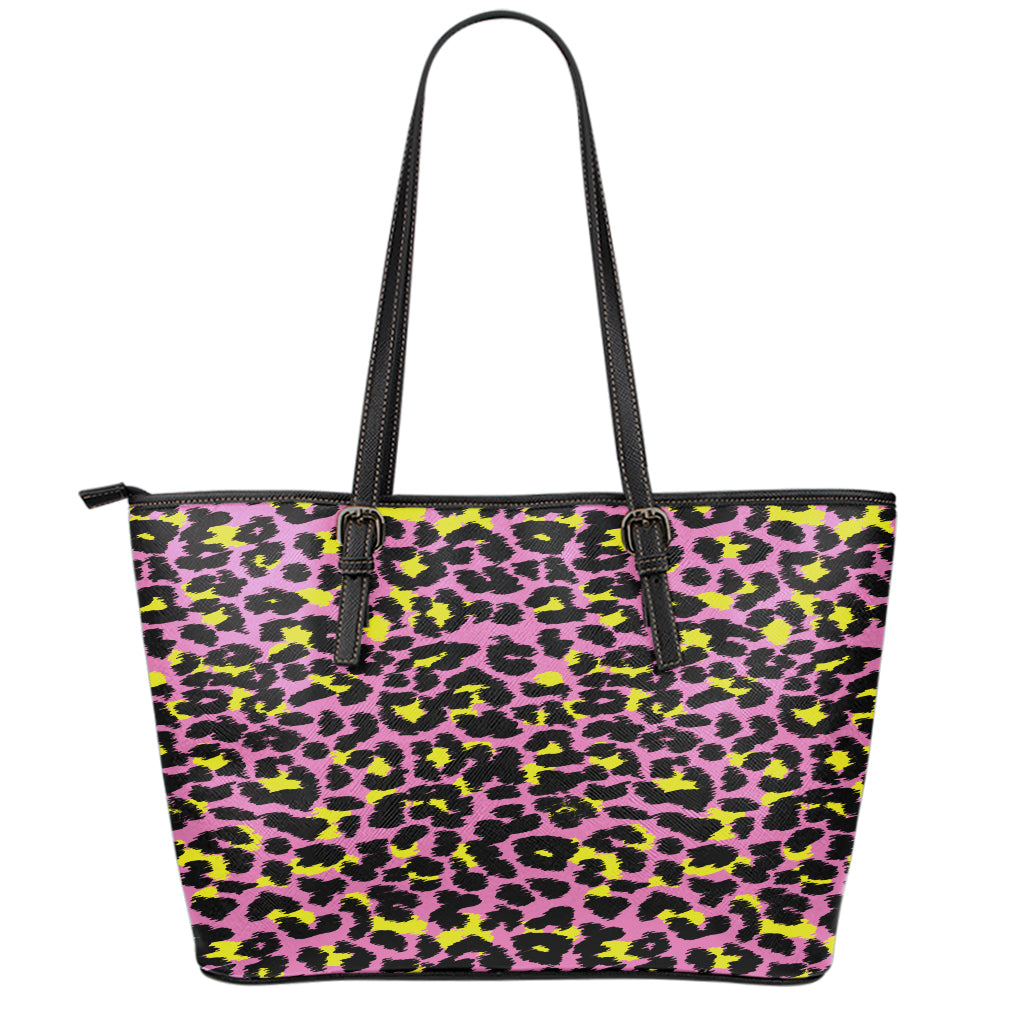 Pink And Yellow Leopard Print Leather Tote Bag