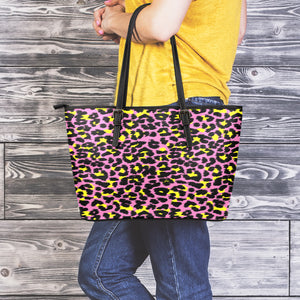 Pink And Yellow Leopard Print Leather Tote Bag