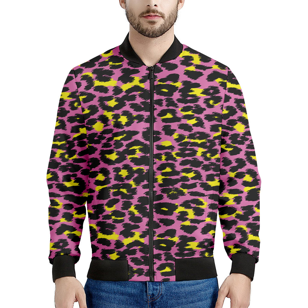 Pink And Yellow Leopard Print Men's Bomber Jacket