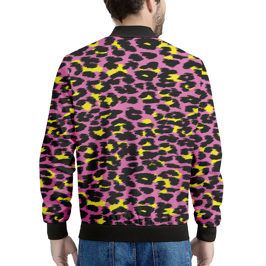 Pink And Yellow Leopard Print Men's Bomber Jacket