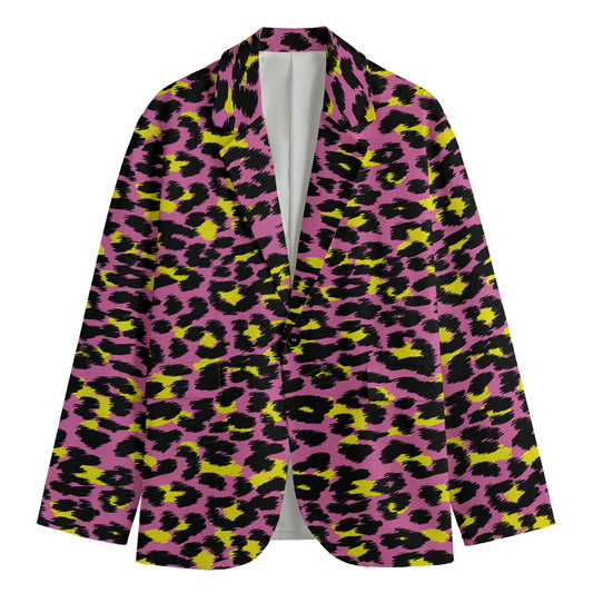 Pink And Yellow Leopard Print Men's Cotton Blazer