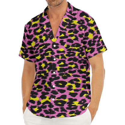 Pink And Yellow Leopard Print Men's Deep V-Neck Shirt