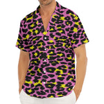 Pink And Yellow Leopard Print Men's Deep V-Neck Shirt