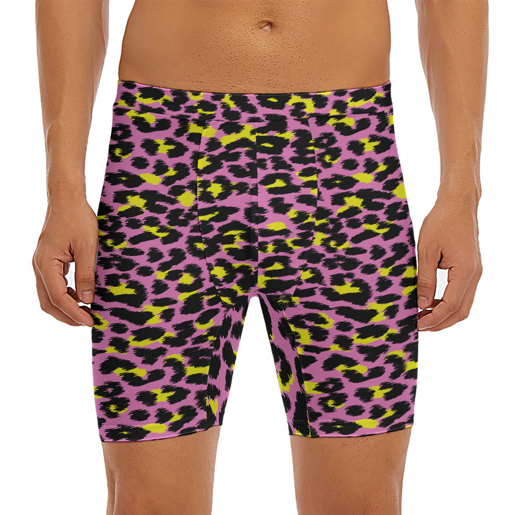 Pink And Yellow Leopard Print Men's Long Boxer Briefs