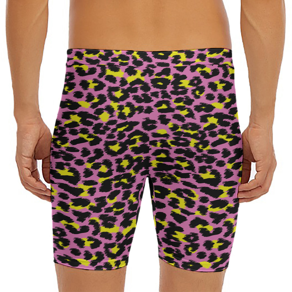 Pink And Yellow Leopard Print Men's Long Boxer Briefs