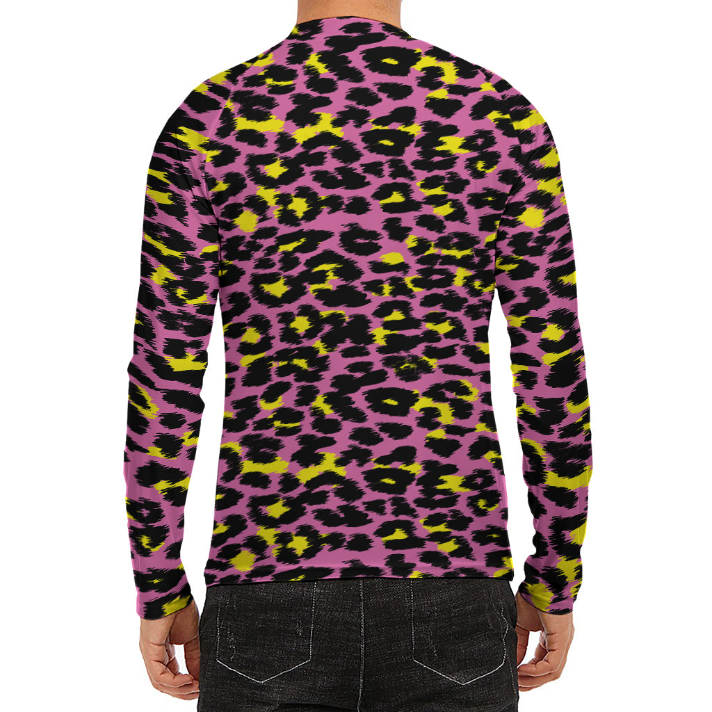 Pink And Yellow Leopard Print Men's Long Sleeve Rash Guard