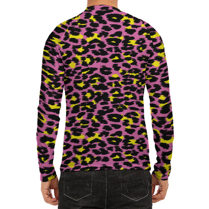 Pink And Yellow Leopard Print Men's Long Sleeve Rash Guard