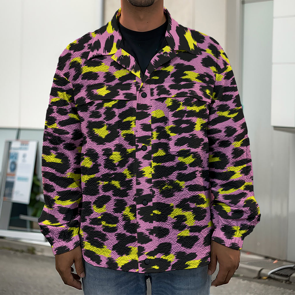 Pink And Yellow Leopard Print Men's Shirt Jacket