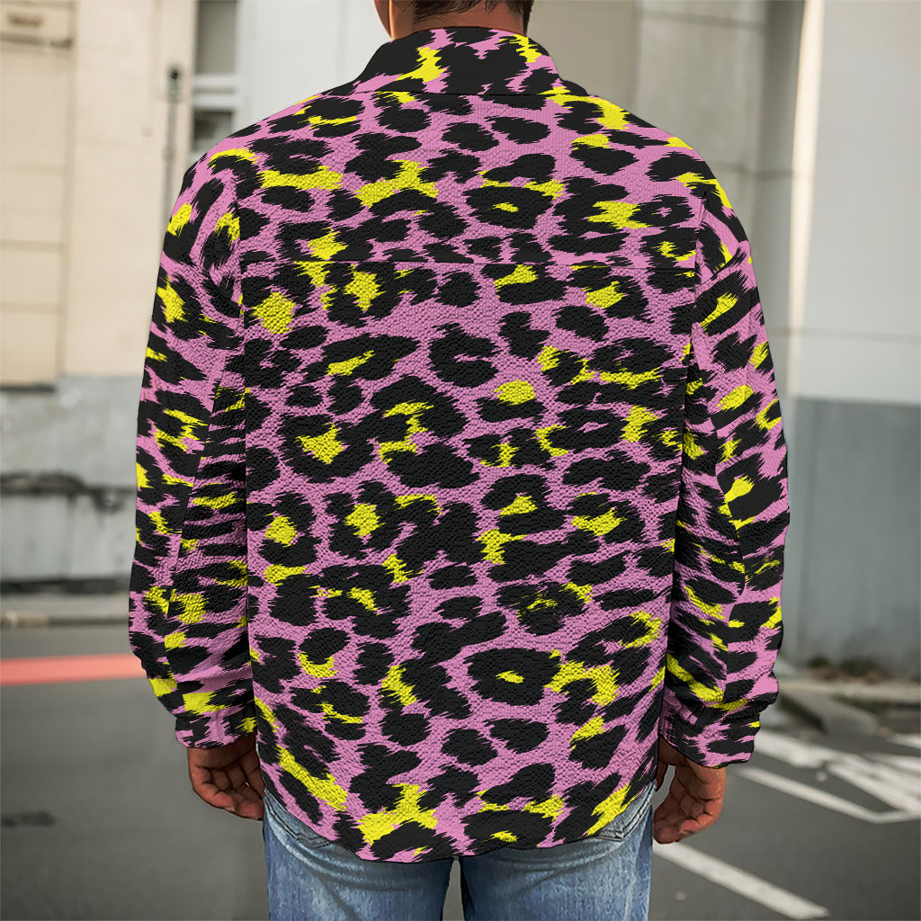Pink And Yellow Leopard Print Men's Shirt Jacket