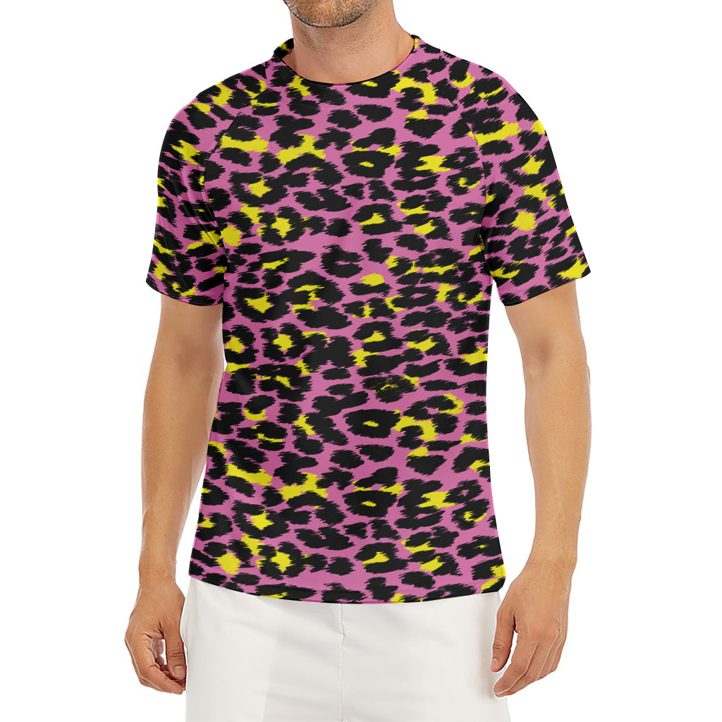 Pink And Yellow Leopard Print Men's Short Sleeve Rash Guard