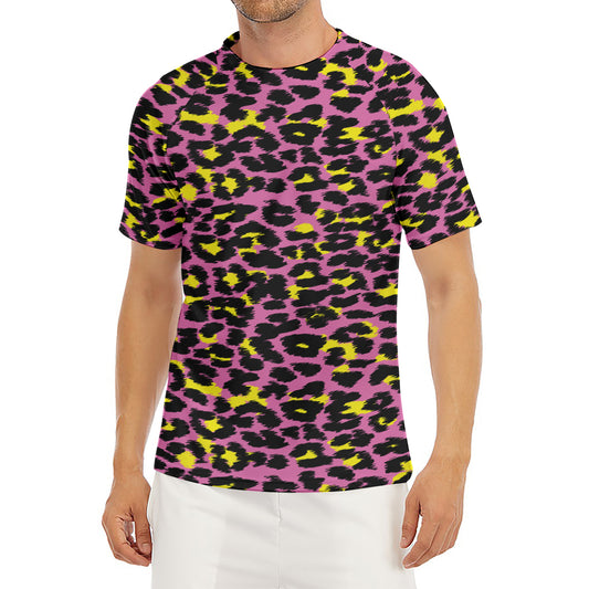 Pink And Yellow Leopard Print Men's Short Sleeve Rash Guard