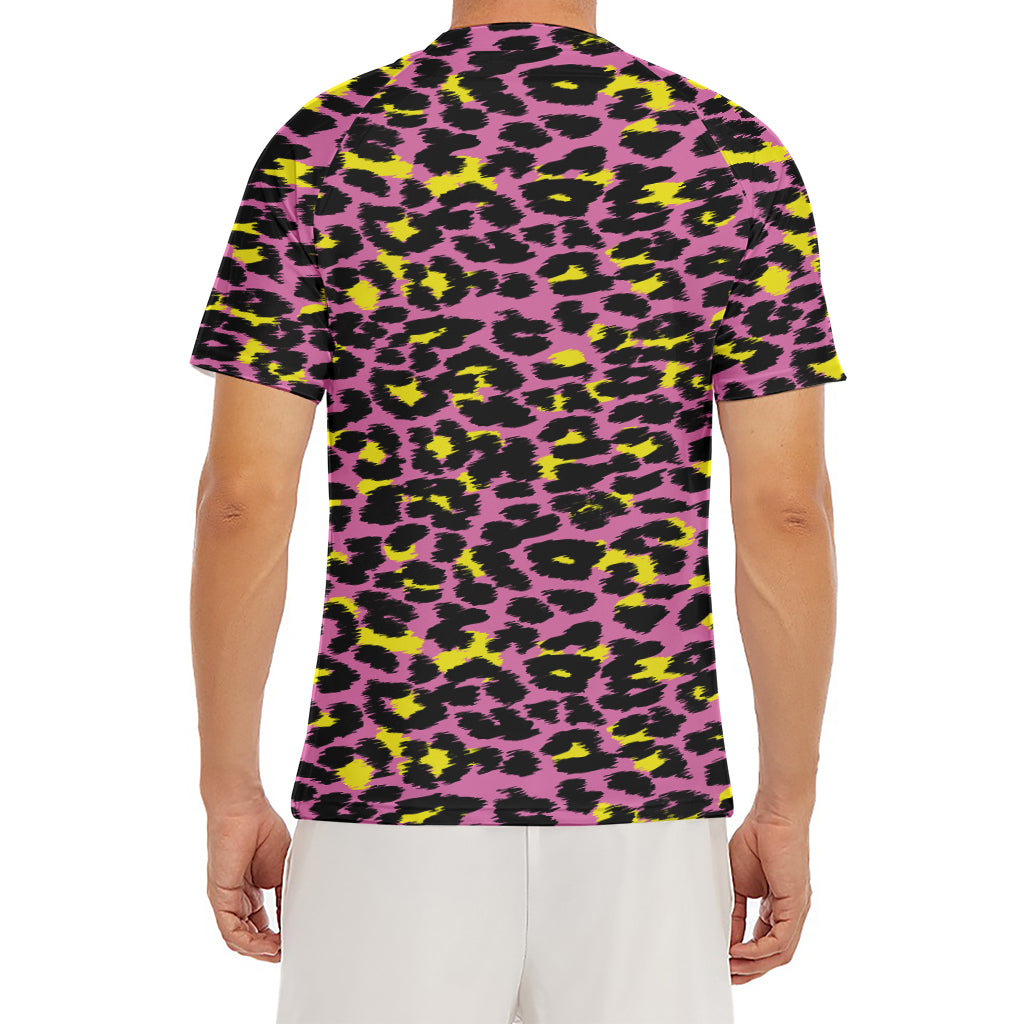 Pink And Yellow Leopard Print Men's Short Sleeve Rash Guard