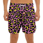 Pink And Yellow Leopard Print Men's Split Running Shorts