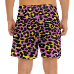Pink And Yellow Leopard Print Men's Split Running Shorts
