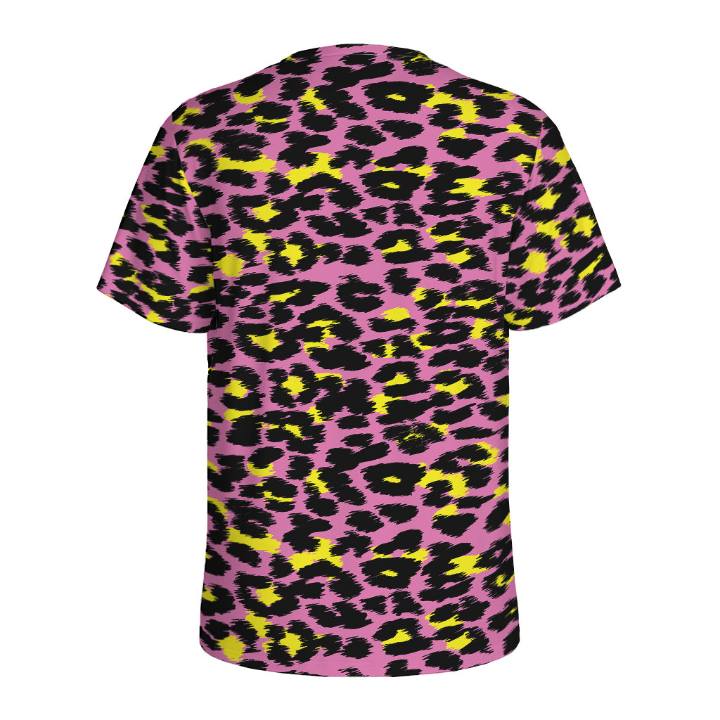Pink And Yellow Leopard Print Men's Sports T-Shirt