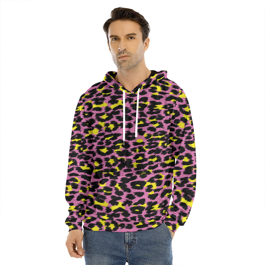 Pink And Yellow Leopard Print Men's Velvet Pullover Hoodie