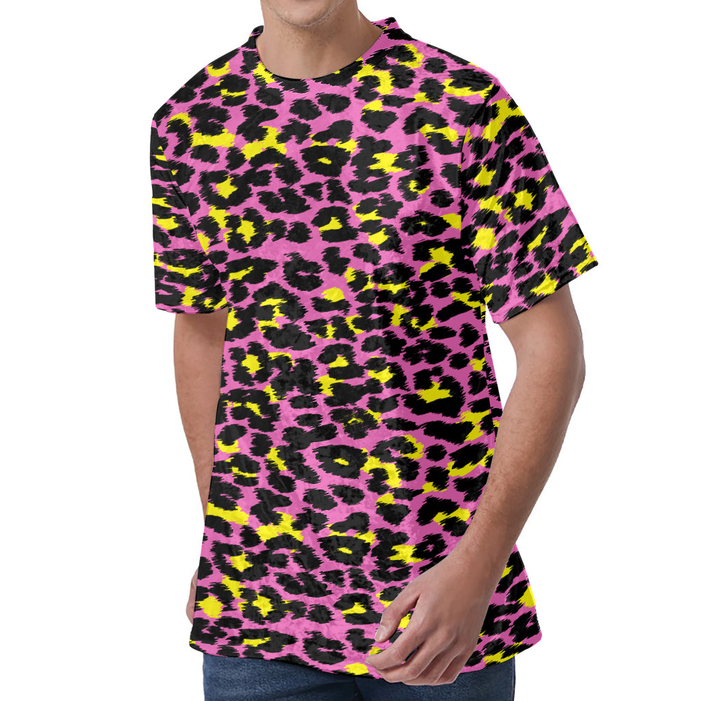 Pink And Yellow Leopard Print Men's Velvet T-Shirt