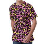 Pink And Yellow Leopard Print Men's Velvet T-Shirt