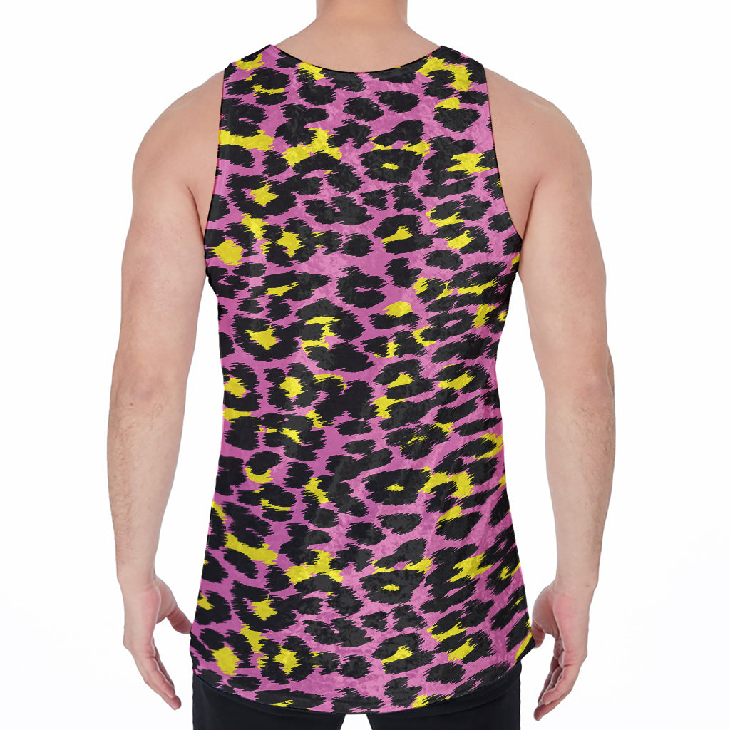 Pink And Yellow Leopard Print Men's Velvet Tank Top