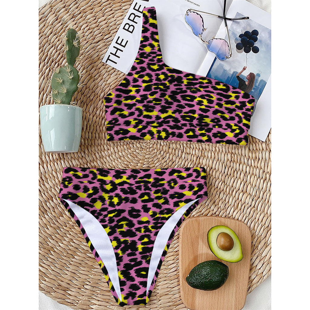Pink And Yellow Leopard Print One Shoulder Bikini Top