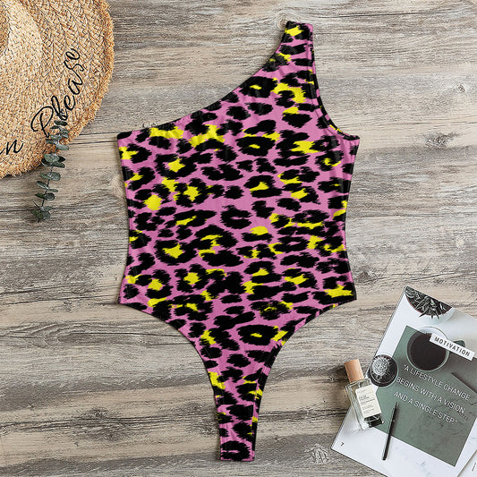 Pink And Yellow Leopard Print One Shoulder Bodysuit