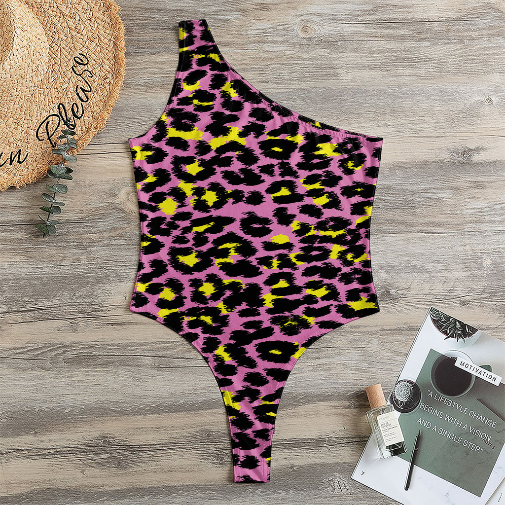 Pink And Yellow Leopard Print One Shoulder Bodysuit