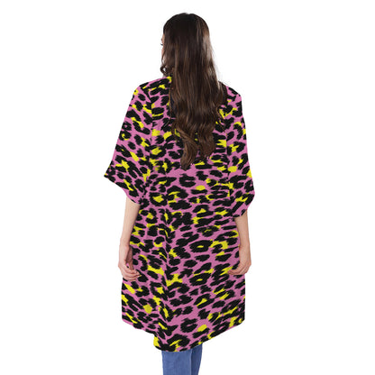 Pink And Yellow Leopard Print Open Front Beach Cover Up