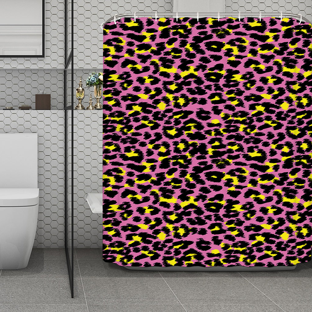 Pink And Yellow Leopard Print Polyester Shower Curtain