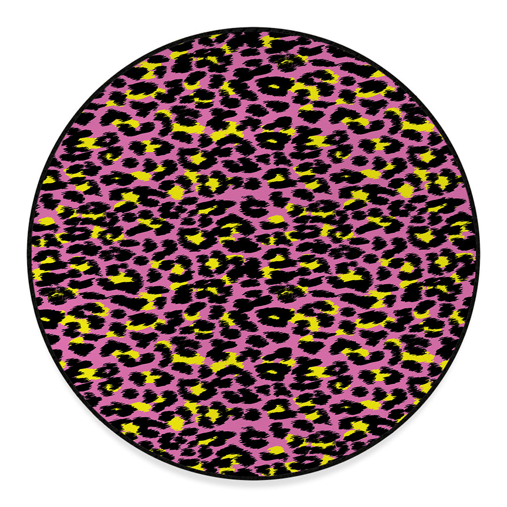 Pink And Yellow Leopard Print Round Floor Mat