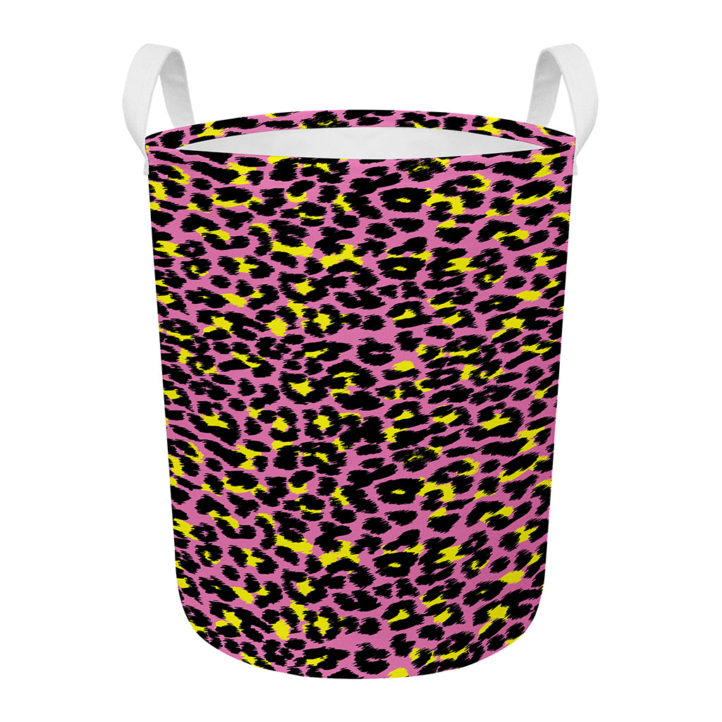 Pink And Yellow Leopard Print Round Laundry Basket