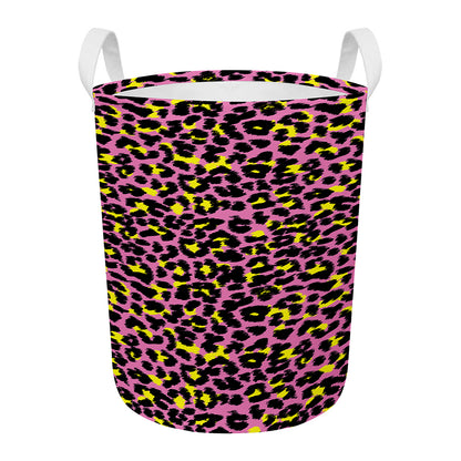 Pink And Yellow Leopard Print Round Laundry Basket