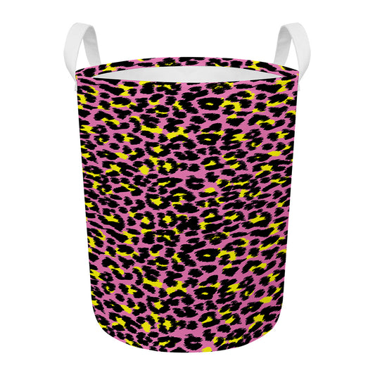 Pink And Yellow Leopard Print Round Laundry Basket