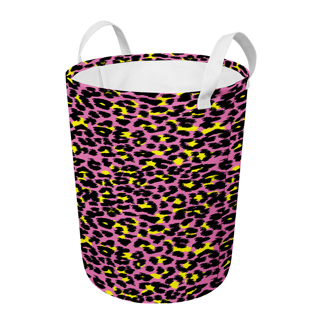 Pink And Yellow Leopard Print Round Laundry Basket