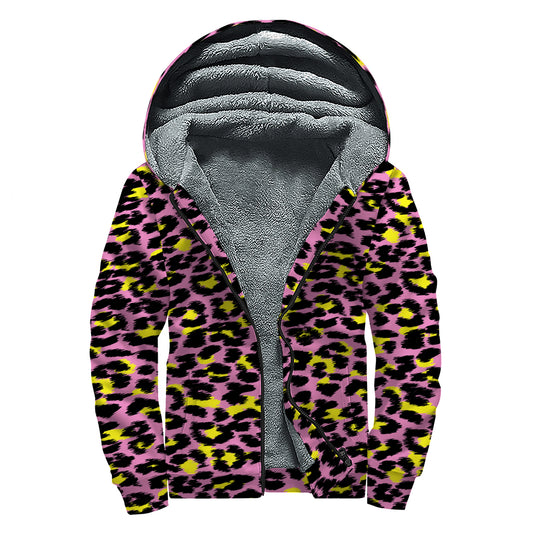 Pink And Yellow Leopard Print Sherpa Lined Zip Up Hoodie