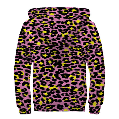 Pink And Yellow Leopard Print Sherpa Lined Zip Up Hoodie