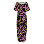 Pink And Yellow Leopard Print Short Sleeve Long Nightdress